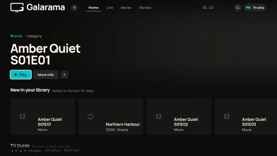 Galarama's Home screen on a TV: a featured title with Play and More info buttons, a row called New in your library, and the TV Guide heading below.