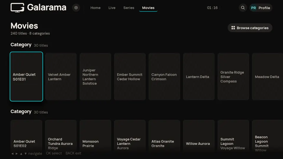 The Movies tab on a TV: rows of title cards grouped by category, with the first card highlighted.