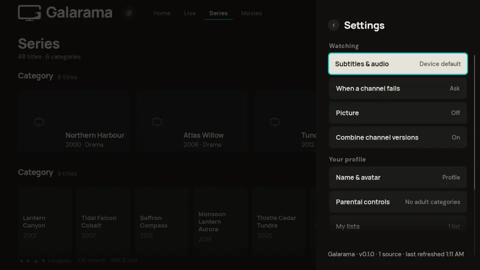 The Settings panel open over the Series tab, listing Subtitles and audio, Picture, Name and avatar, Parental controls and My lists.